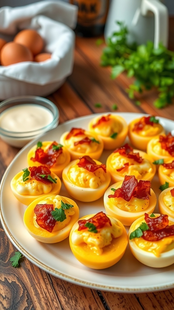 Savory egg bites with bacon and cheese on a plate, garnished with herbs, in a cozy kitchen setting.